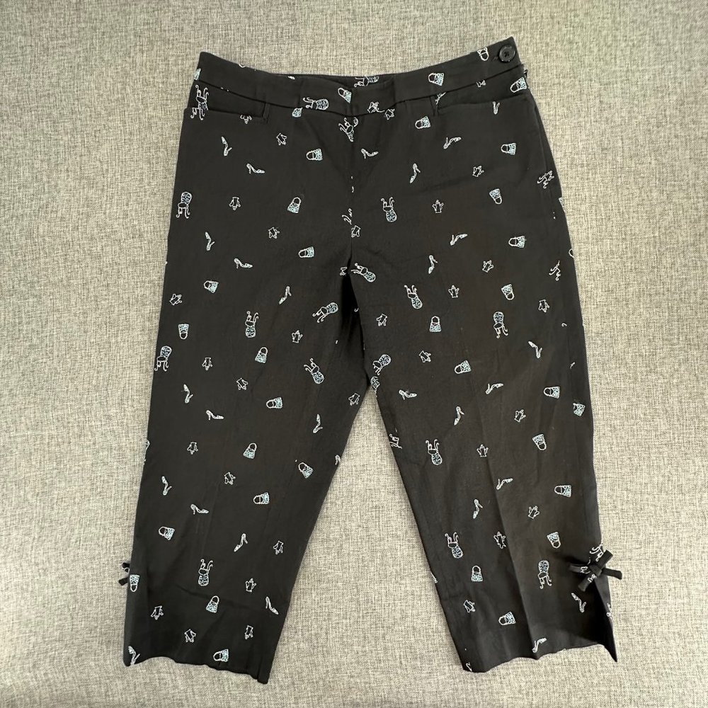 Ann Taylor LOFT Cropped Pants Black White Embroidered Print 6‎ Petite 99% Cotton